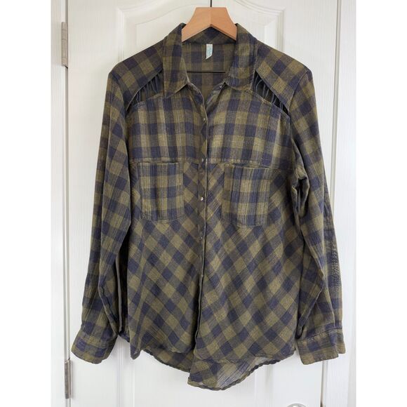 Free People Women's Snap Button Up Shirt Long Sleeve Green Blue Plaid Size M - Picture 1 of 11